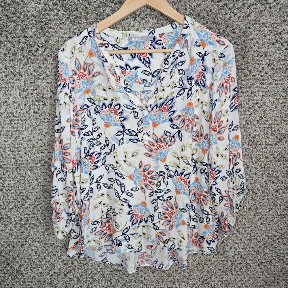 Daniel Rainn Top Womens Large White Floral Print V Neck Blouse‎ Casual Ladies